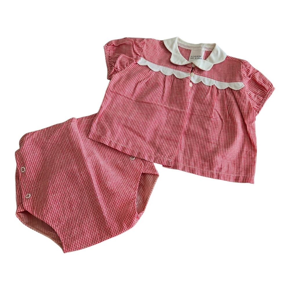 Vintage 70s Crib-Age Fashion 2 Pc Baby Outfit XL Red White Gingham Americana - Picture 1 of 11